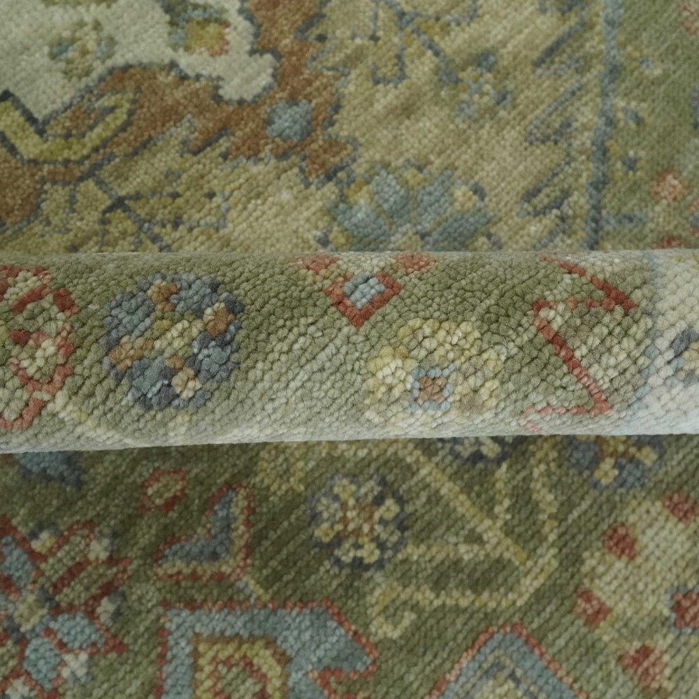 Antique Look Hand Knotted Medallion Olive and Ivory Vintage Style Wool Rug