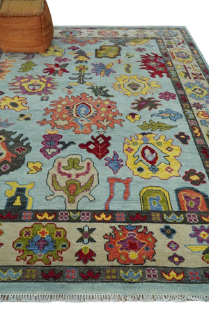 Custom Made Hand Knotted Modern Oushak Blue and Beige Wool Area Rug