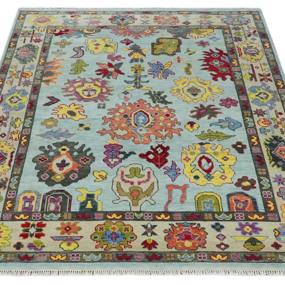 Custom Made Hand Knotted Modern Oushak Blue and Beige Wool Area Rug