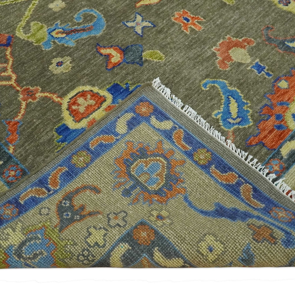 Olive and Blue Vibrant Colorful Traditional Oushak Multi Size wool Area Rug