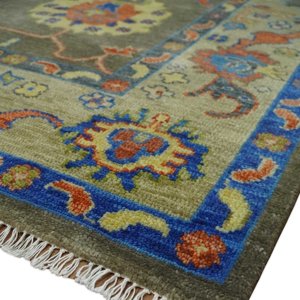 Olive and Blue Vibrant Colorful Traditional Oushak Multi Size wool Area Rug