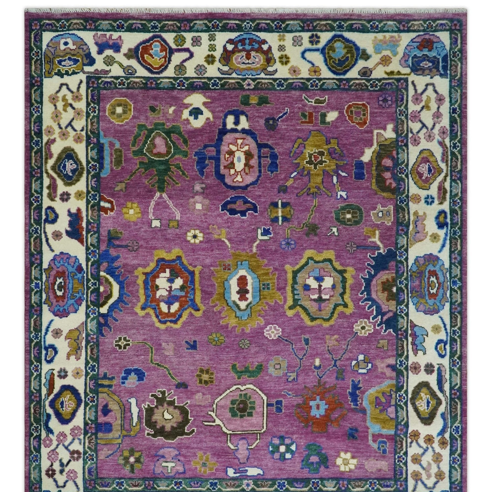 Purple And Ivory Hand knotted Modern Oushak Wool Area Rug