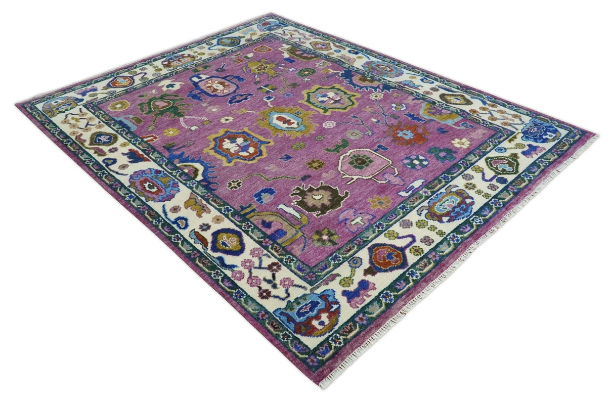 Purple And Ivory Hand knotted Modern Oushak Wool Area Rug