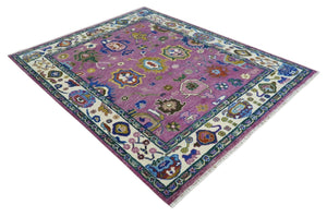 Purple And Ivory Hand knotted Modern Oushak Wool Area Rug