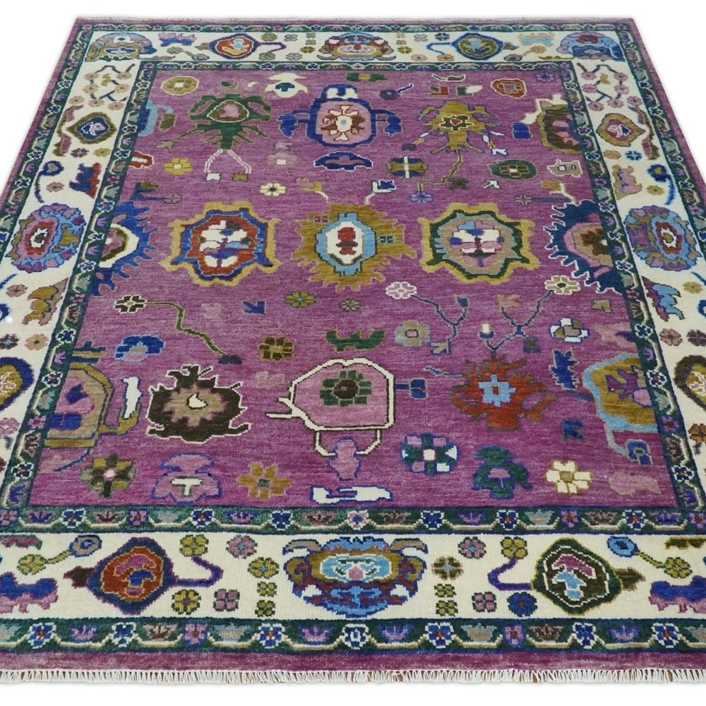 Purple And Ivory Hand knotted Modern Oushak Wool Area Rug