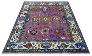 Purple And Ivory Hand knotted Modern Oushak Wool Area Rug