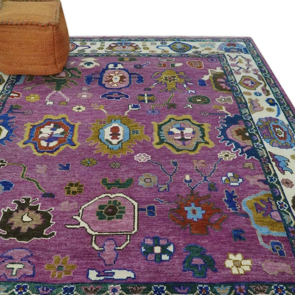 Purple And Ivory Hand knotted Modern Oushak Wool Area Rug
