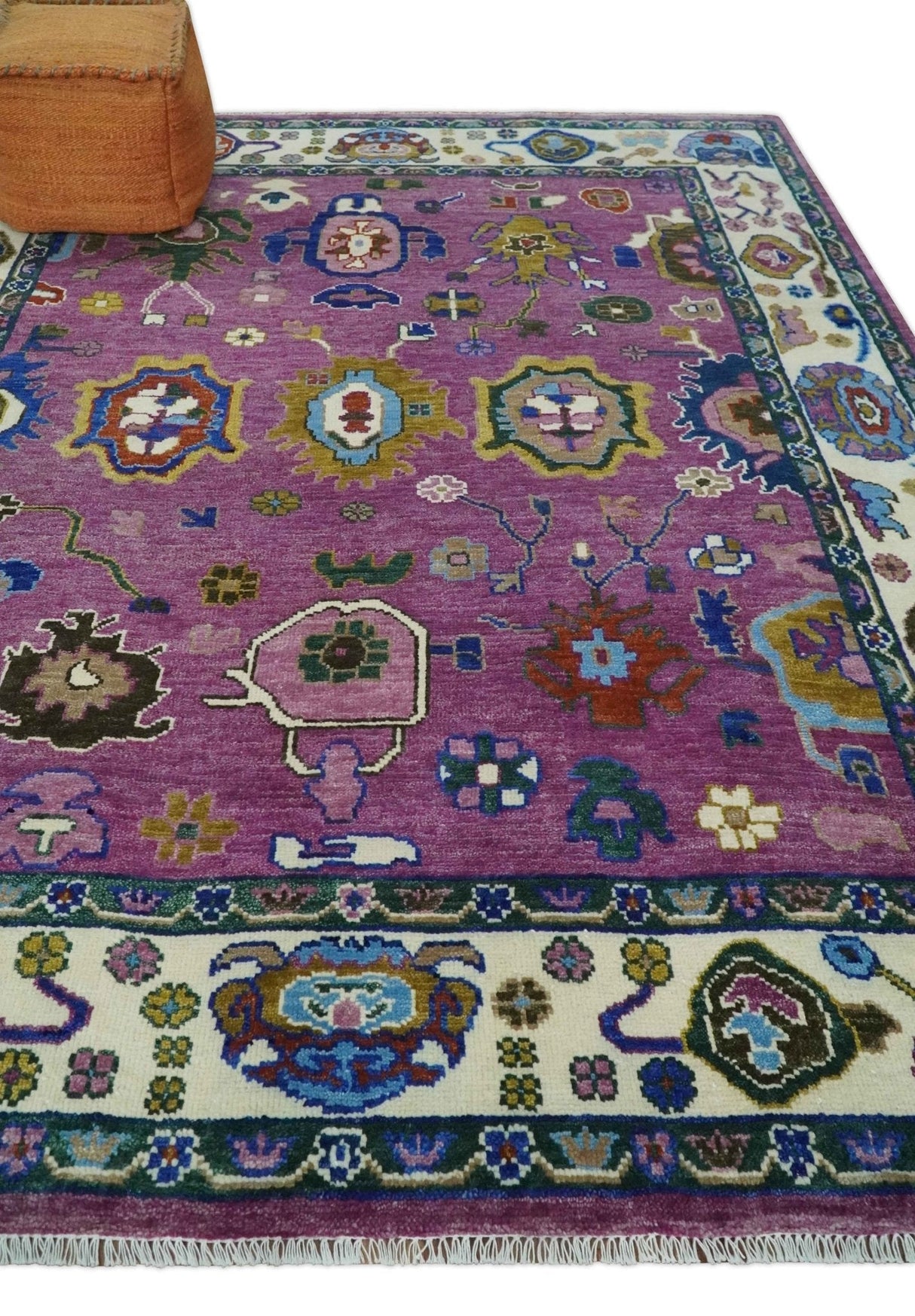 Purple And Ivory Hand knotted Modern Oushak Wool Area Rug