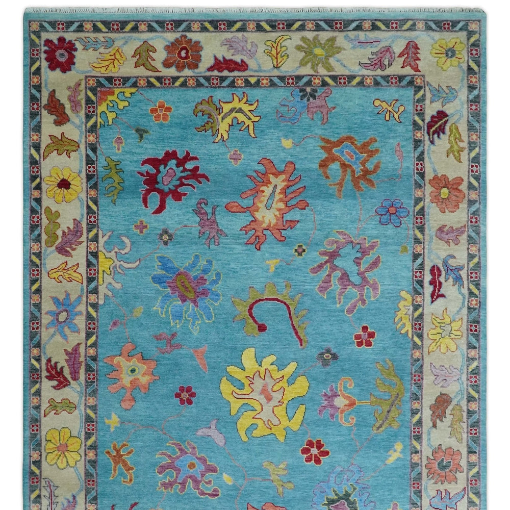 Traditional Blue and Beige Hand knotted Oushak Custom Made Wool Area Rug