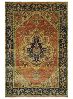 Rust And Blue Traditional Heriz Hand knotted Wool Area Rug