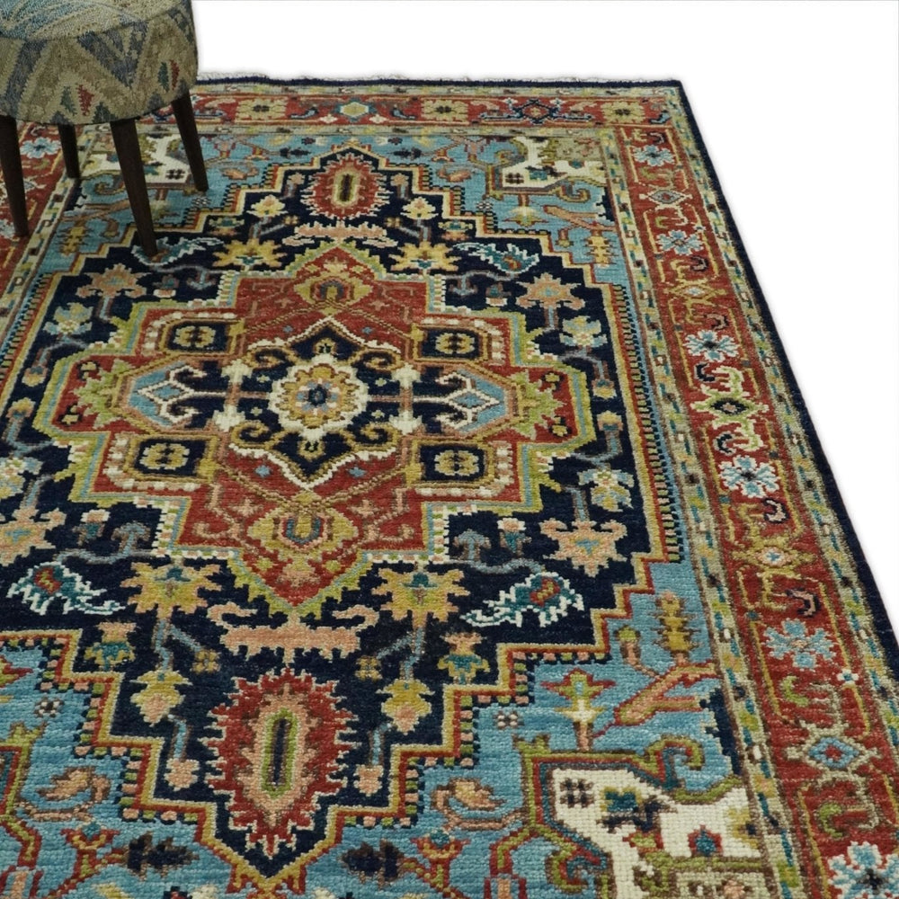 Custom Made Traditional Blue and Rust Hand Knotted Wool Area Rug