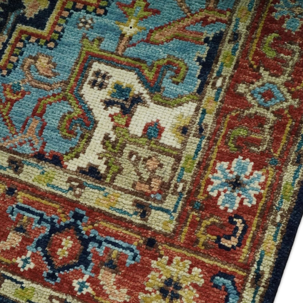 Custom Made Traditional Blue and Rust Hand Knotted Wool Area Rug