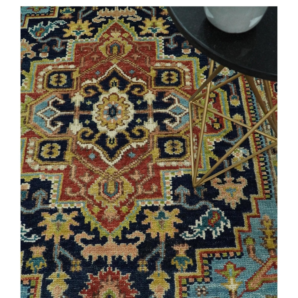 Custom Made Traditional Blue and Rust Hand Knotted Wool Area Rug