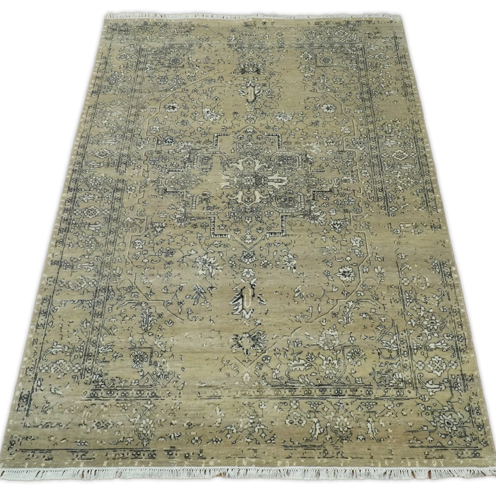 6x9 Fine Hand Knotted Beige and Black Traditional Vintage Persian Style Antique Wool Rug