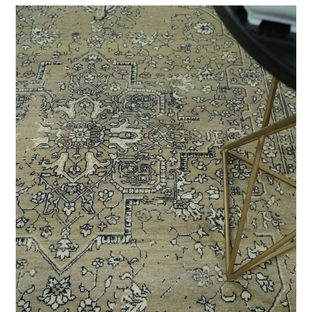 6x9 Fine Hand Knotted Beige and Black Traditional Vintage Persian Style Antique Wool Rug