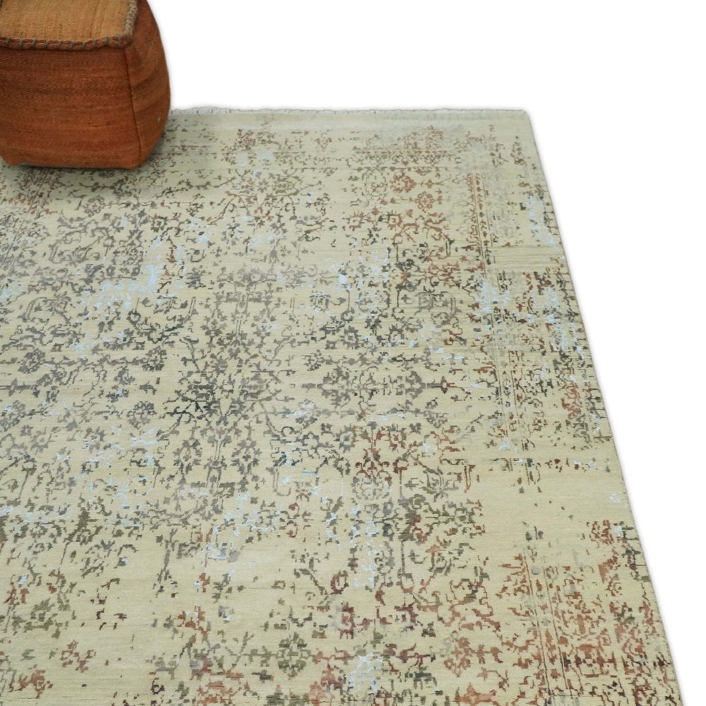 6x9 Fine Hand Knotted Beige and Rust Vintage Persian Style Antique Wool and Silk Rug