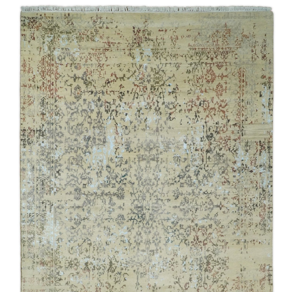 6x9 Fine Hand Knotted Beige and Rust Vintage Persian Style Antique Wool and Silk Rug