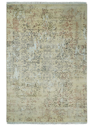 6x9 Fine Hand Knotted Beige and Rust Vintage Persian Style Antique Wool and Silk Rug