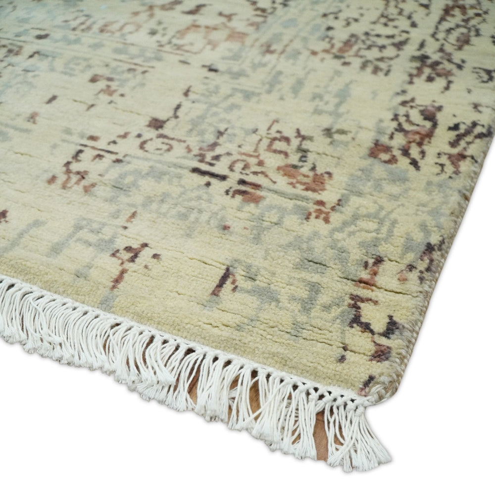 6x9 Fine Hand Knotted Beige and Rust Vintage Persian Style Antique Wool and Silk Rug