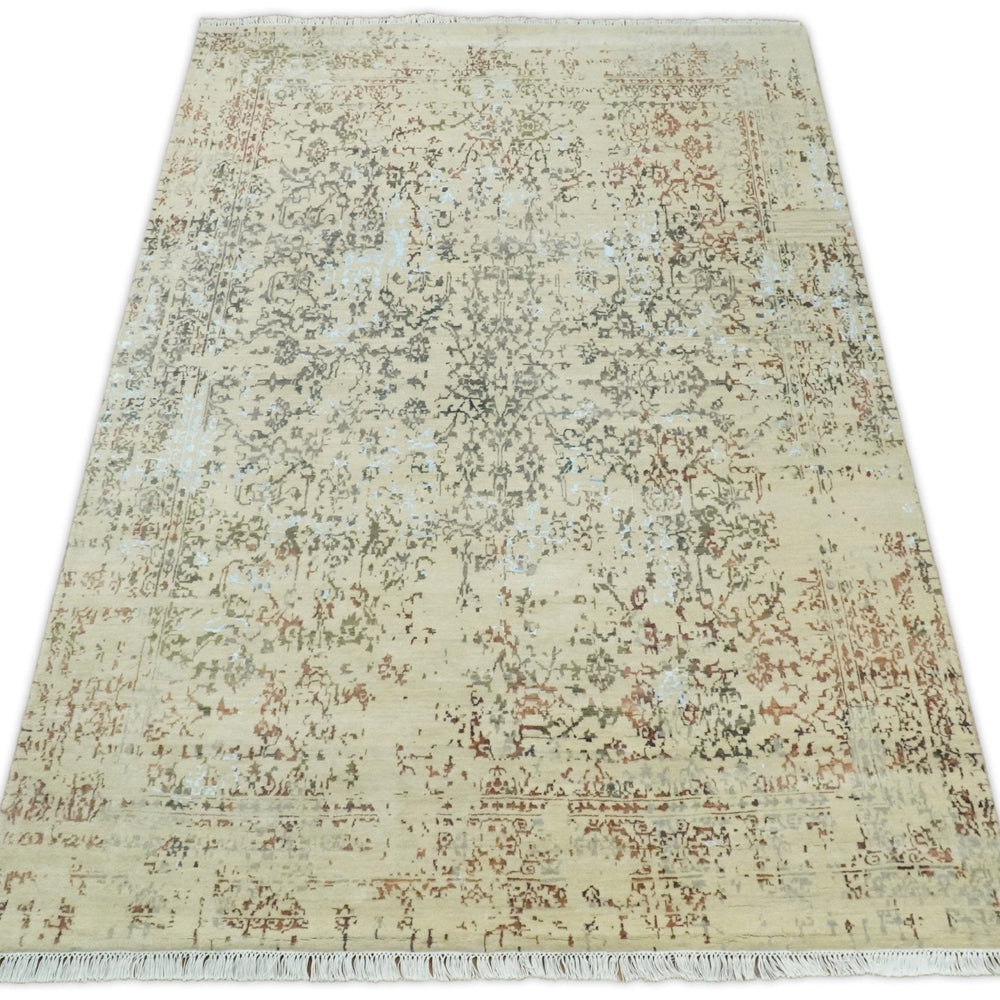 6x9 Fine Hand Knotted Beige and Rust Vintage Persian Style Antique Wool and Silk Rug