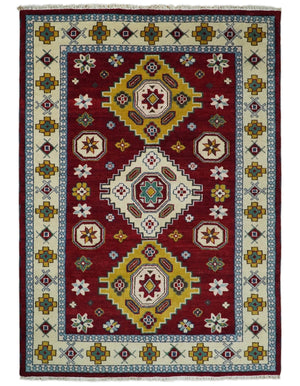 6x9 Hand Knotted Traditional Antique Kazak Red and Mustard Wool Area Rug