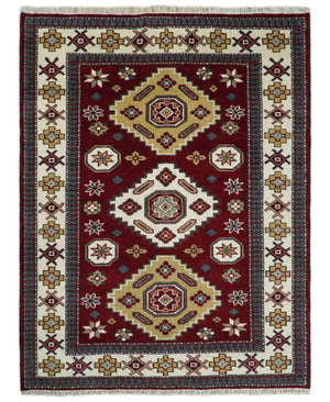 6x8 Hand Knotted Traditional Antique Kazak Maroon and Ivory Wool Area Rug
