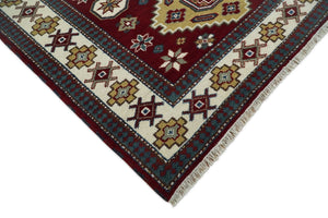 6x8 Hand Knotted Traditional Antique Kazak Maroon and Ivory Wool Area Rug