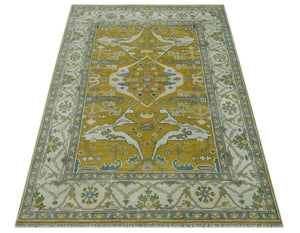 6x9 Mustard, Ivory and Gray Hand Knotted Traditional Oriental Oushak wool area rug