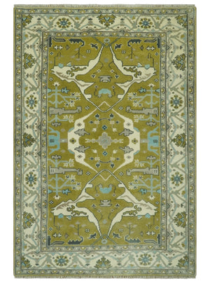 6x9 Olive and Ivory Hand Knotted Traditional Oriental Oushak wool area rug