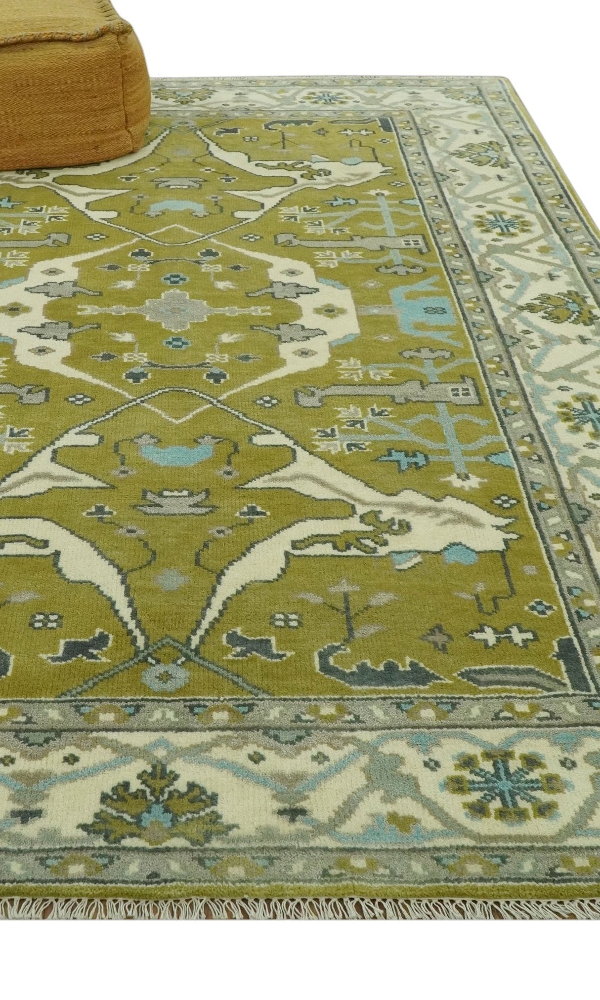 6x9 Olive and Ivory Hand Knotted Traditional Oriental Oushak wool area rug