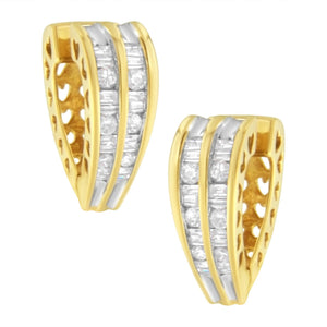 14K Yellow and White Gold 1.0 Cttw Channel Set Round and Baguette Diamond Multi Row Huggy Hoop Earrings (I-J Color, I2-I3 Clarity)