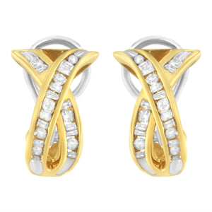 14K Yellow and White Gold 1/2 TDW "X" Shape Cross Over Diamond Hoop Earrings (I-J, I2-I3)