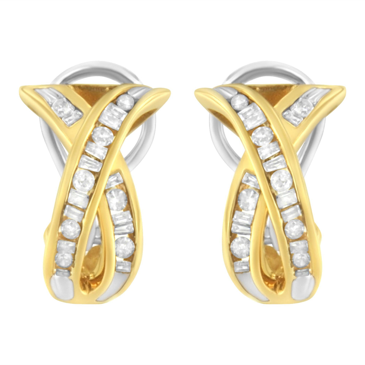14K Yellow and White Gold 1/2 TDW "X" Shape Cross Over Diamond Hoop Earrings (I-J, I2-I3)