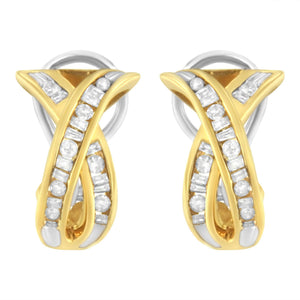14K Yellow and White Gold 1/2 TDW "X" Shape Cross Over Diamond Hoop Earrings (I-J, I2-I3)
