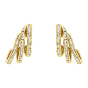 10K Yellow Gold 1.0 Cttw Round Brilliant Cut Diamond Spiral Multi Row Channel Set Open Hoop Pushback Stud Earrings (H-I Color, I1-I2 Clarity)