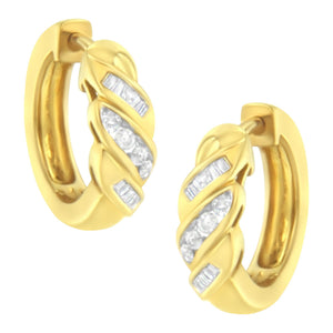 14K Yellow Gold 1/4 ct TDW Alternating 3 Row Baguette & Round Brilliant-Cut Diamond Huggy Hoop Earrings (H-I, I2-I3)