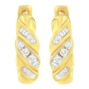 14K Yellow Gold 1/4 ct TDW Alternating 3 Row Baguette & Round Brilliant-Cut Diamond Huggy Hoop Earrings (H-I, I2-I3)