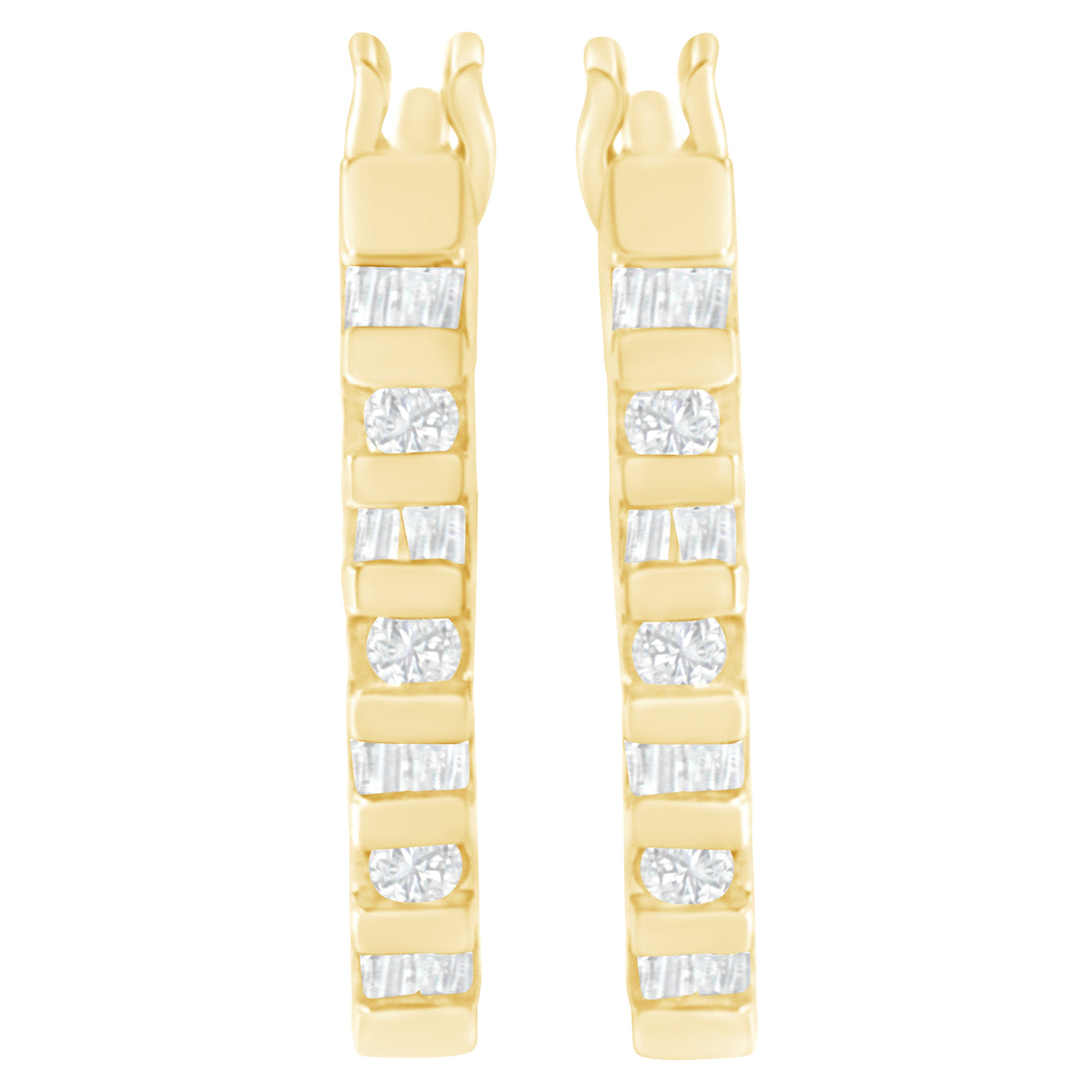 10K Yellow Gold Round and Baguette Cut Diamond Oblong Hinged Leverback Hoop Earrings (Â¼ Cttw, I-J Color, I2-I3 Clarity)