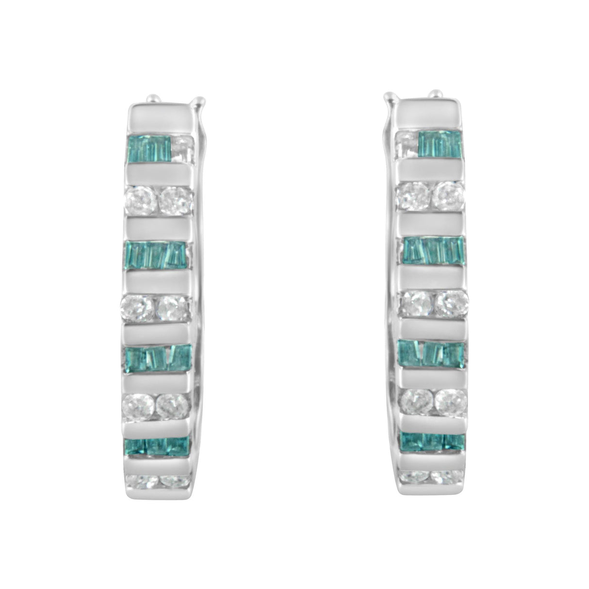10k White Gold Round and Blue Baguette Diamond Hoop Earrings (0.50 cttw, I-J Color, I2-I3 Clarity)