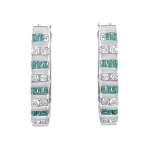 10k White Gold Round and Blue Baguette Diamond Hoop Earrings (0.50 cttw, I-J Color, I2-I3 Clarity)