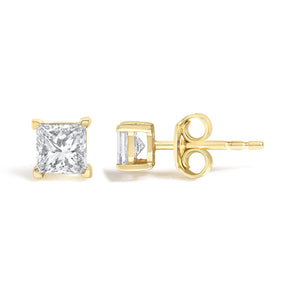 IGI Certified 14k Yellow Gold 1/2 cttw 4-Prong Set Princess-Cut Solitaire Diamond Push Back Stud Earrings (M-N Color, SI2-I1 Clarity)