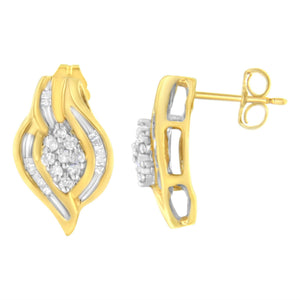 10K Yellow Gold 1/3 cttw Round-Cut Diamond Cluster and Swirl Stud Earrings (J-K Clarity, I2-I3 Color)