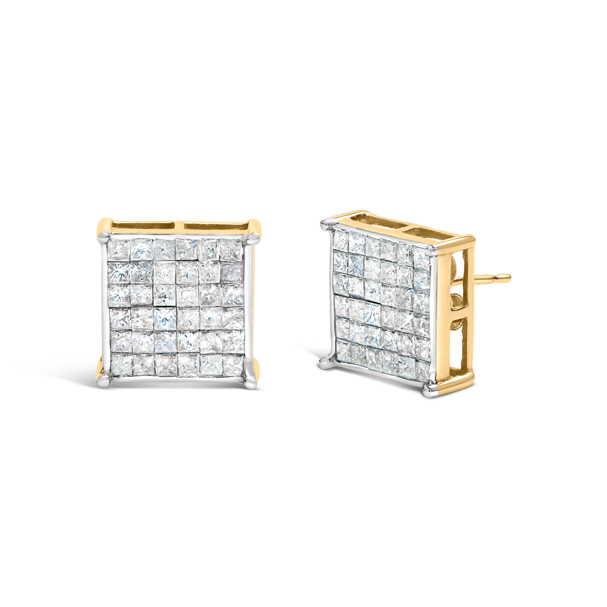 10K Yellow Gold 2.0 Cttw Invisible-Set Princess-Cut Diamond Stud Earrings