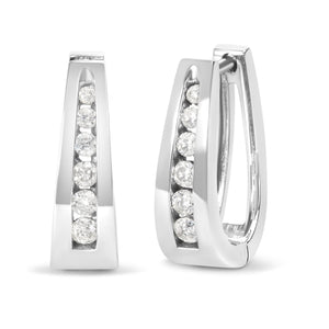 14k White Gold Channel-Set Brilliant Round-Cut Diamond Hoop Earrings (I-J Color, I2-I3 Clarity)