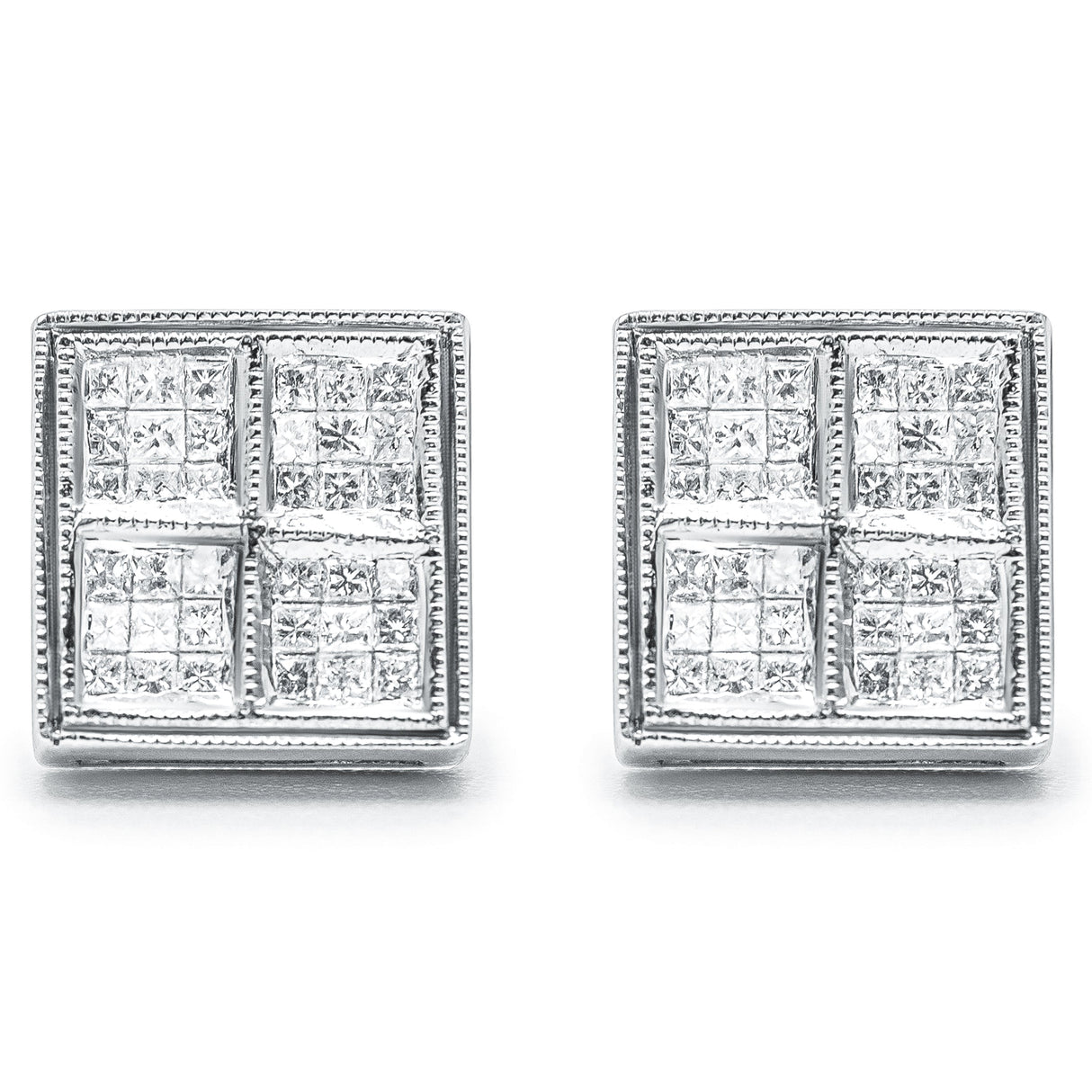 14K White Gold 1/2 Cttw Princess Diamond Composite Box Shape Milgrain Stud Earrings (H-I Color, SI1-SI2 Clarity)