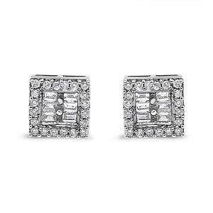 14K White Gold 1 cttw Round and Baguette Diamond Stud Earrings (H-I, SI1-SI2)