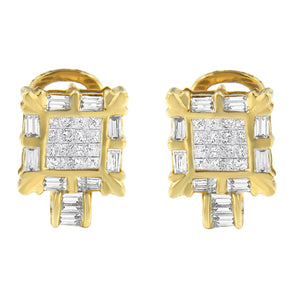 14K Yellow Gold 7/8 Cttw Princess and Baguette-Cut Diamond Square Framed Huggie Hoop Omega Earrings (H-I Color, SI1-SI2 Clarity)