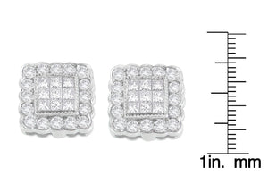 14K White Gold 1.0 Cttw Round Brilliant & Princess Cut Diamond Scallop-Edge Framed Square Halo Stud Earrings (G-H Color, SI1-SI2 Clarity)