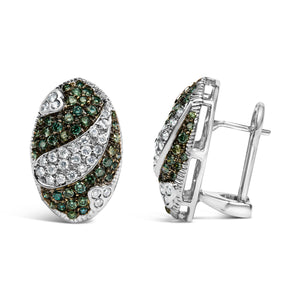 14K White Gold 2.00 Cttw White and Treated Blue Diamond Oval Shield Omega Back Earrings (H-I Color, SI1-SI2 Clarity)