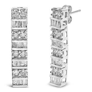 14K White Gold 1 1/3 cttw Round And Baguette Cut Diamond Earrings (H-I, SI2-I1)